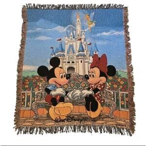 Vtg Walt Disney World Mickey Minnie Mouse Woven Tapestry Throw Blanket Castle